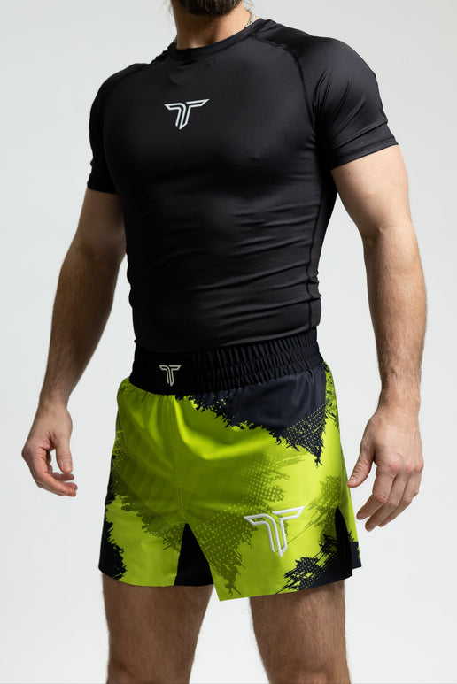 Acid Green Kaos Camo Pro Fight Kit (5 & 7” Pro Fight Short & Rashguard Bundle)