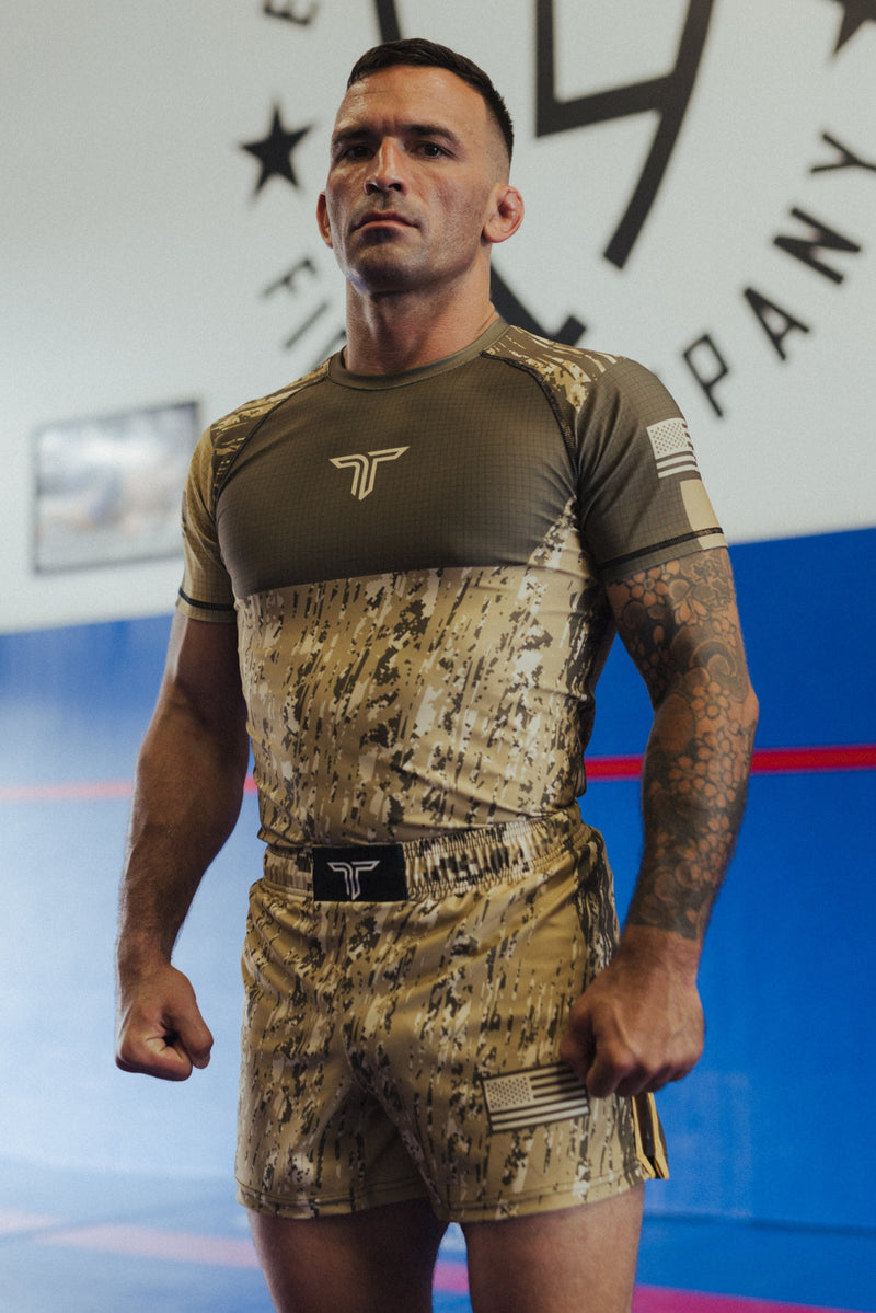 Patriot Series - Desert Tan Fight Kit (5 & 7” Fight Short & Rashguard Bundle)
